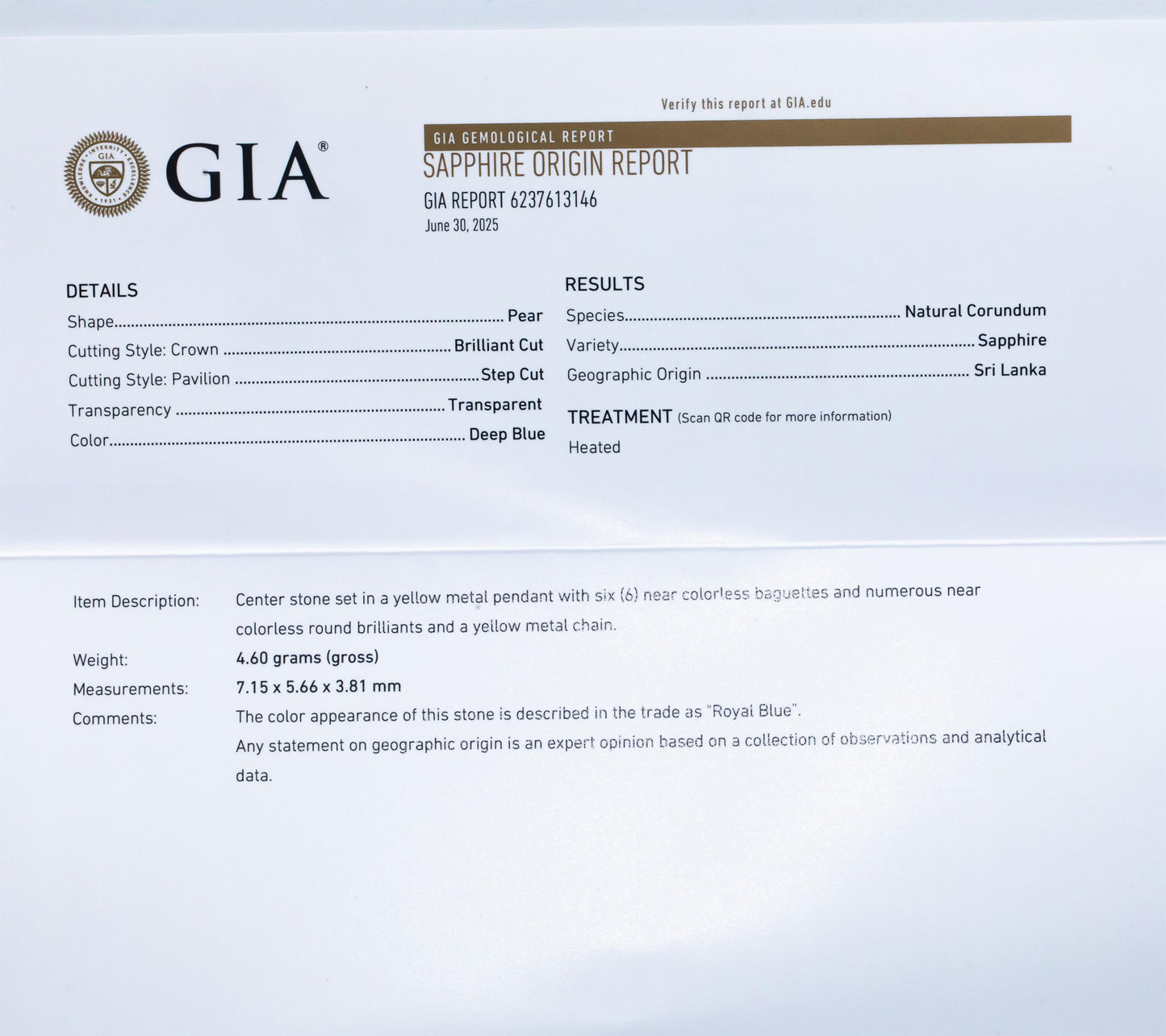 GIA 14k Gold Diamond & Sri Lanka Royal Blue Sapphire Pendant Necklace 1.85CT