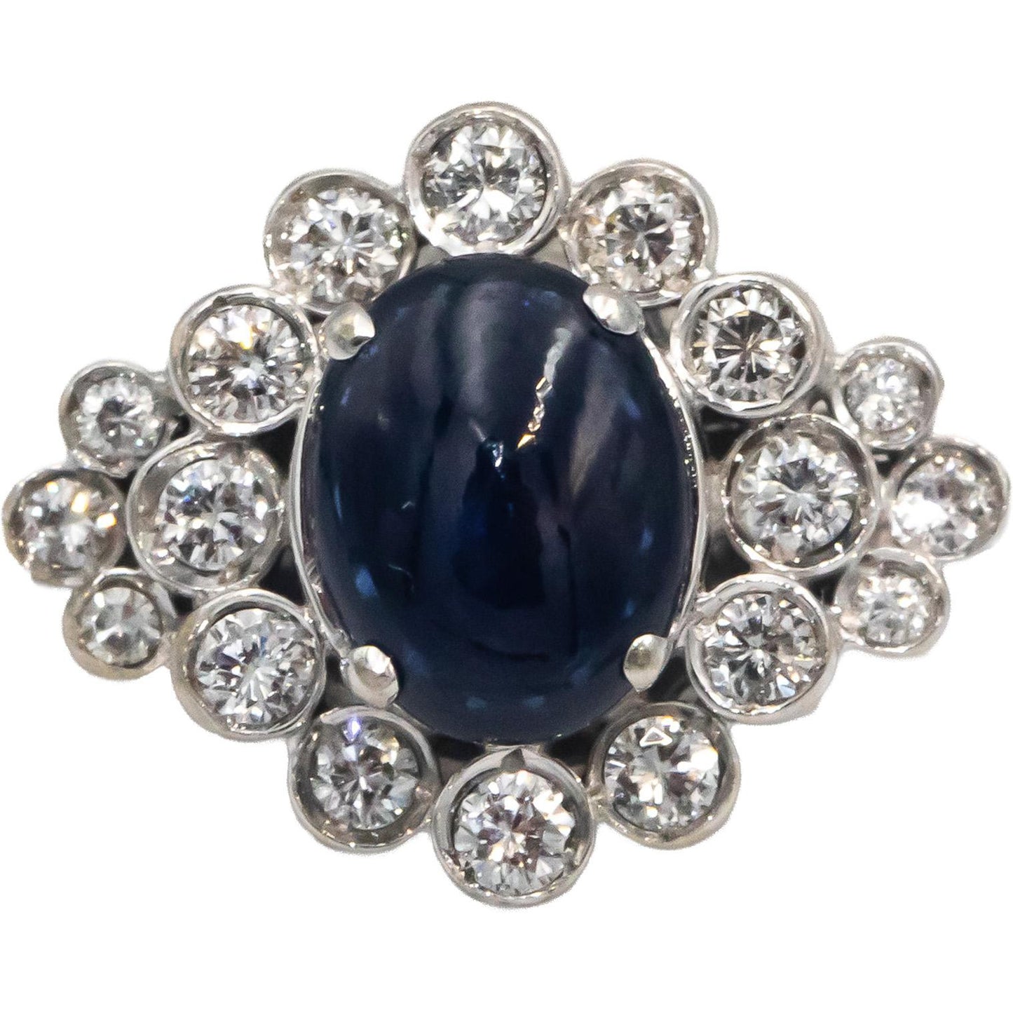 18k White Gold Round Diamond Cabochon Sapphire Cluster Cocktail Ring 1.50CT