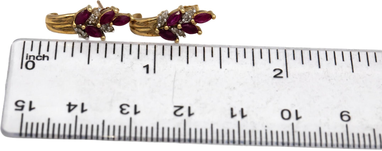10k Yellow Gold Marquise Ruby Round Diamond Stud Earrings 0.46CT