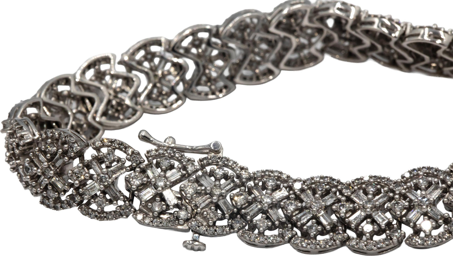 14k White Gold Round and Baguette Cut Diamond Fancy Link Bracelet 5.0CT