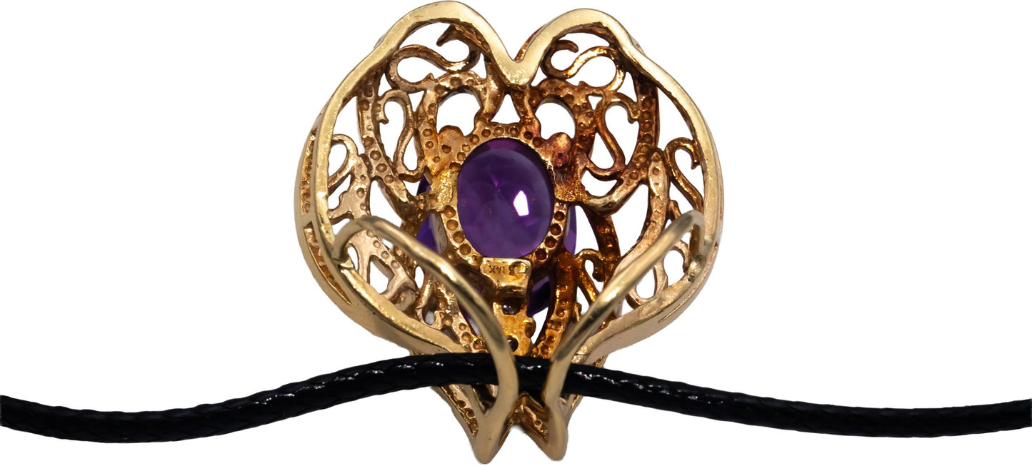 14k Yellow Gold 6.07CT VS Diamond and Amethyst Pendant on Cord Necklace
