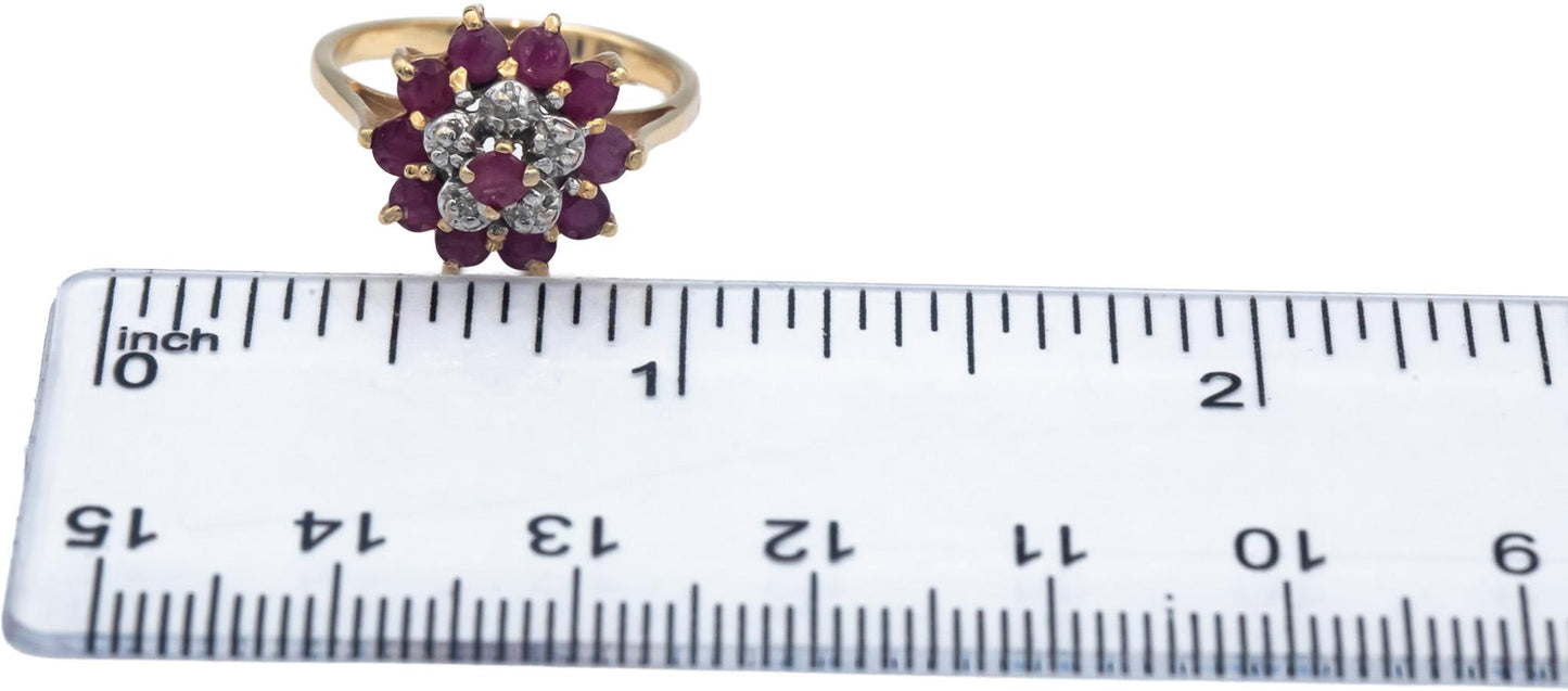 14k Yellow Gold Diamond and Ruby Cluster Cocktail Ring 0.52CT Size 5