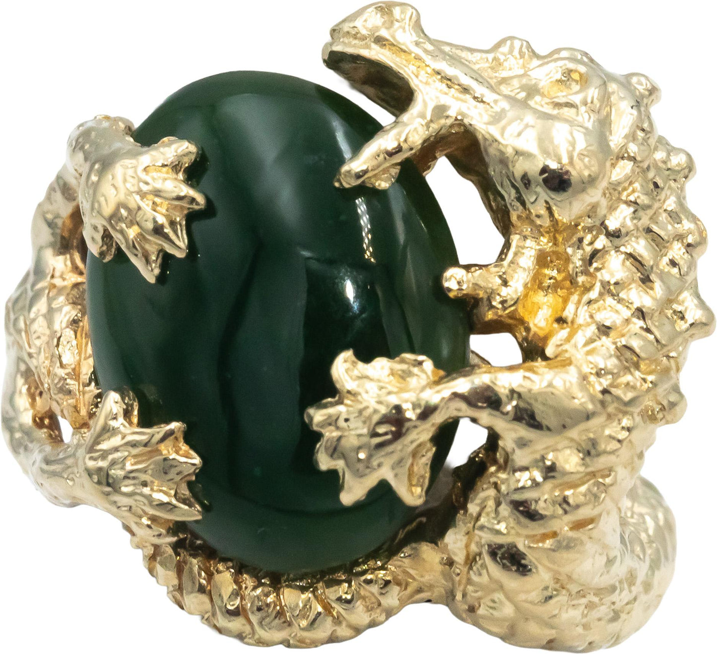 14k Yellow Gold Cabochon 15.5 x 11.7mm Jadeite Dragon Cocktail Ring Size 6