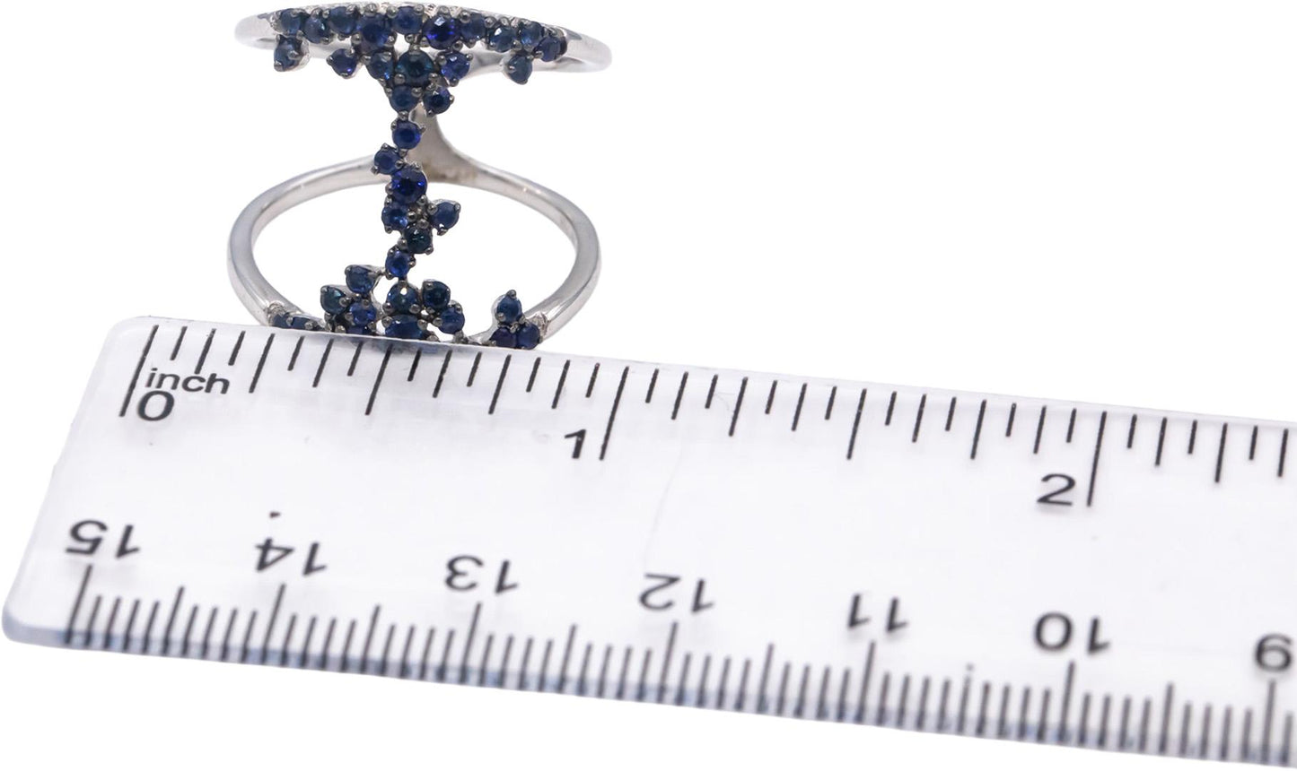 18k White Gold Round Blue Sapphire Double Band Statement Ring 0.85CT Size 7.25