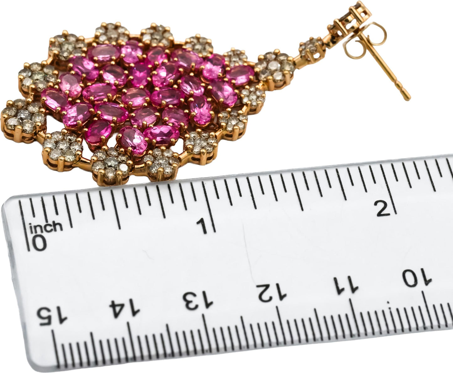 14k Rose Gold Diamond and Pink Sapphire Cluster Dangle Drop Earrings 17.38CTW