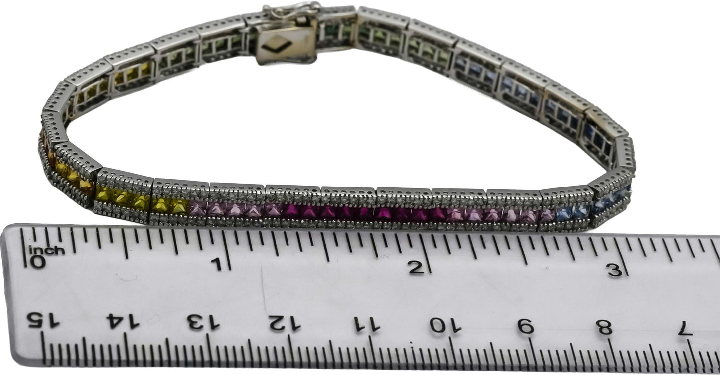 14k White Gold Diamond and Multi Color Sapphire Line Bracelet 5.50CT