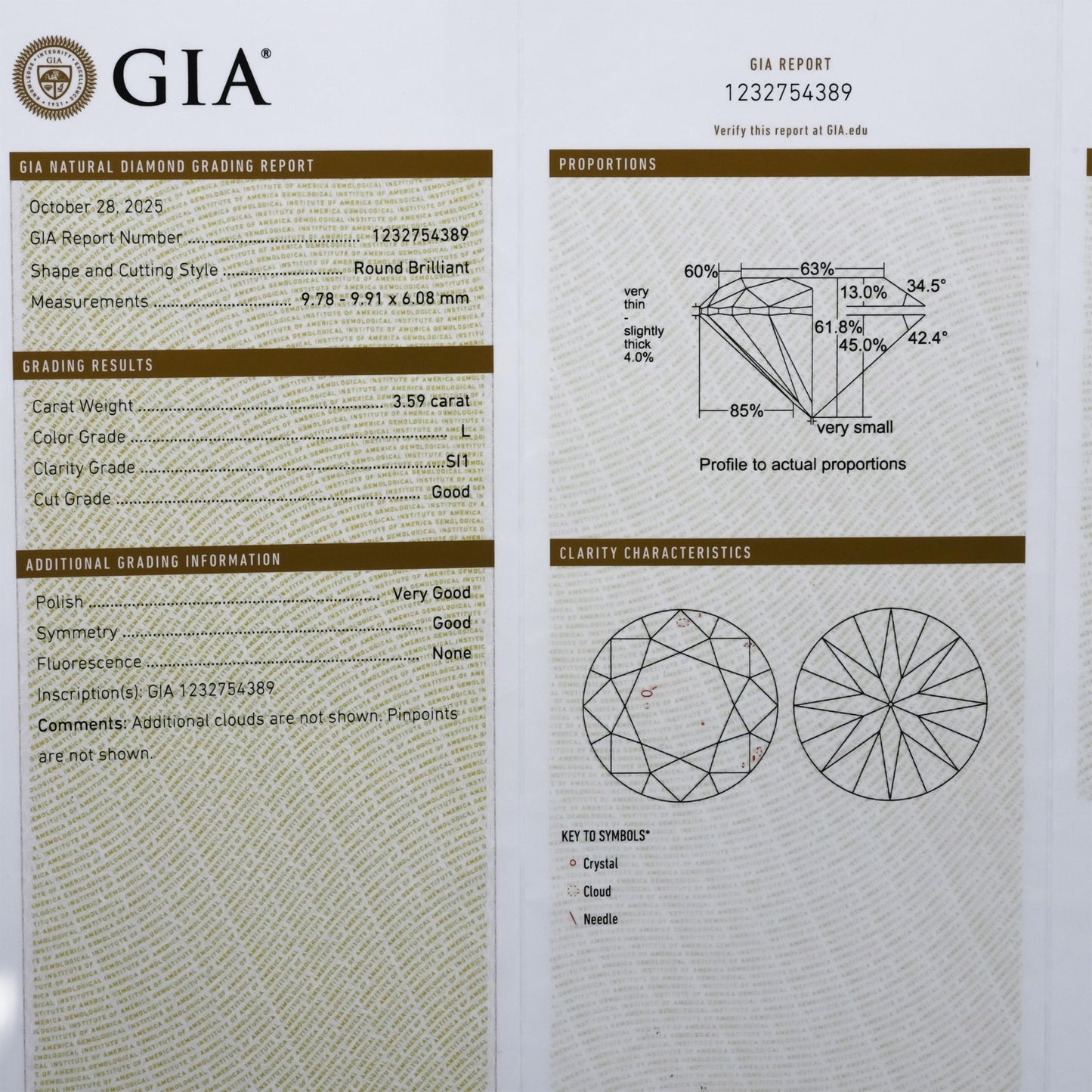 GIA Certified SI1/L Round Cut Natural Diamond Loose Stone 3.59CT