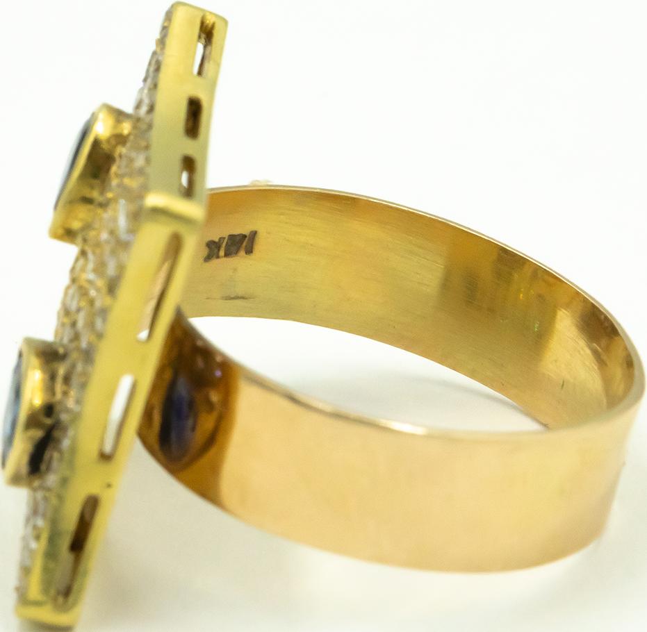 14K Yellow Gold 1.50CT Diamond Shape Pave Diamond & Blue Sapphire Ring Size 8