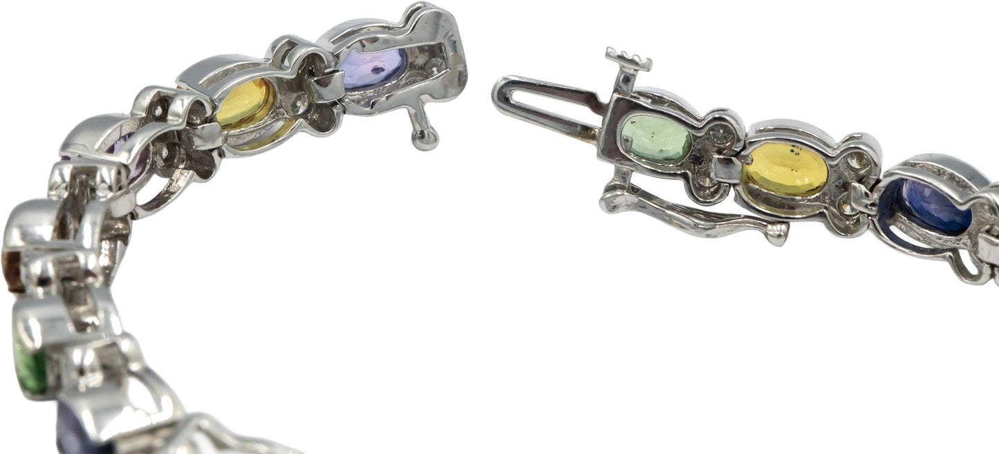 Estate 14k White Gold Rainbow Sapphire and Diamond Tennis Bracelet 11.35CT