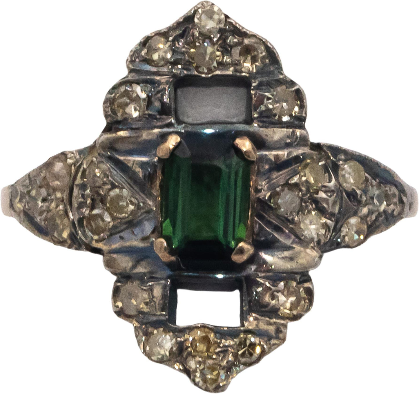 Vintage Antique 10k Gold & Silver 1.25CT Diamond and Tourmaline Ring Size 6.75