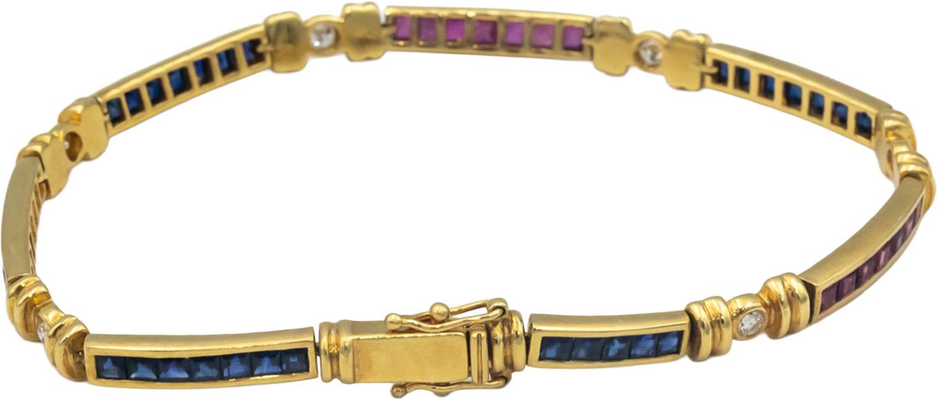 Designer 18k Yellow Gold Diamond Ruby Sapphire Tennis Bracelet 5.49CT