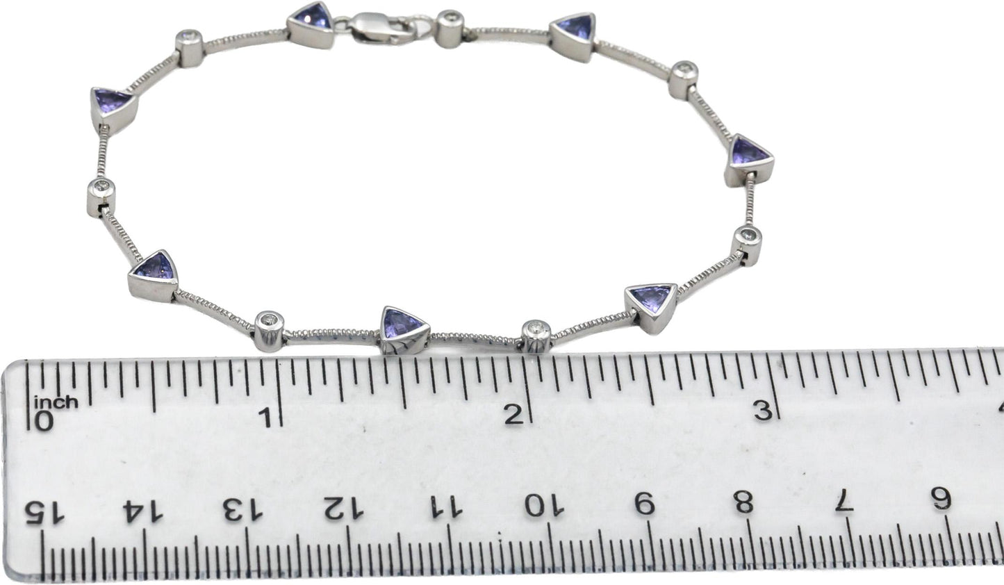 14k White Gold Round Diamond Trillion Cut Tanzanite Fancy Link Bracelet 2.12CT