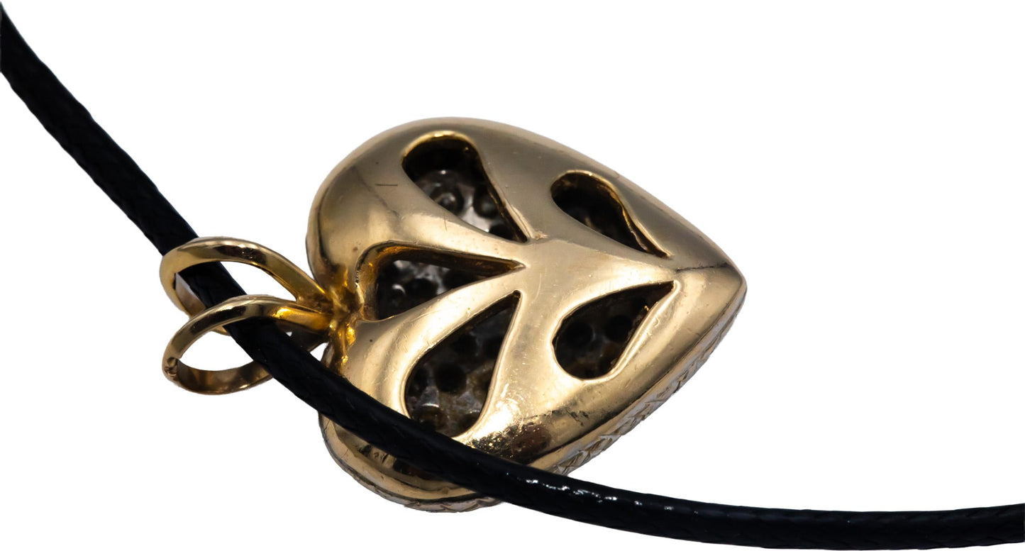 14k Yellow Gold 1.45CT Round Cut Diamond Cluster Puffy Heart Pendant Necklace