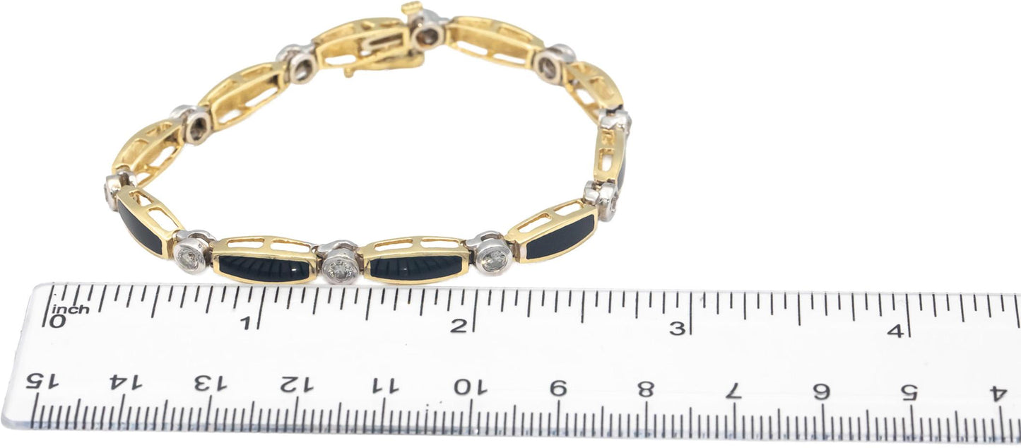 14k Yellow & White Gold 1.0CT Round Diamond & Onyx Fancy Link Bracelet