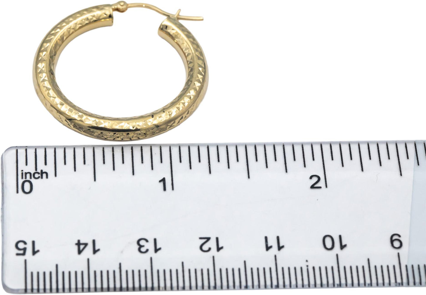 14k Yellow Gold 30.0mm Diameter Diamond Cut Textured Hoop Earrings