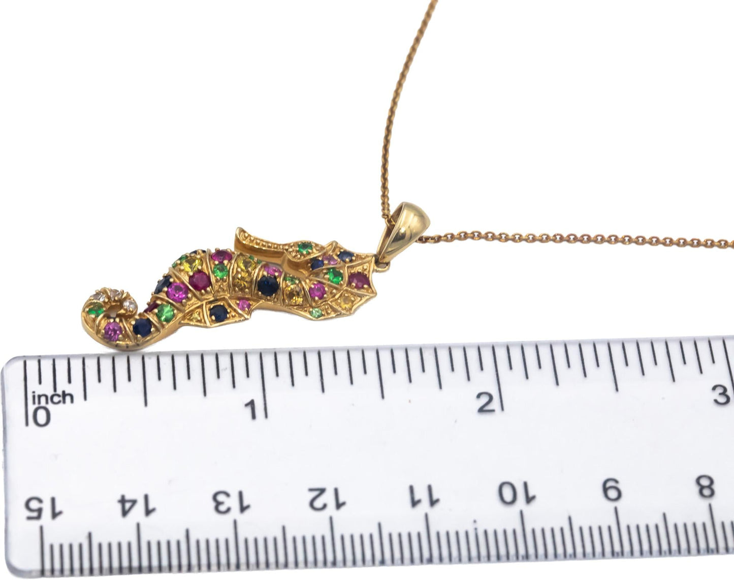 14k Yellow Gold 1.50CT Rainbow Multi-Color Sapphire Seahorse Pendant Necklace