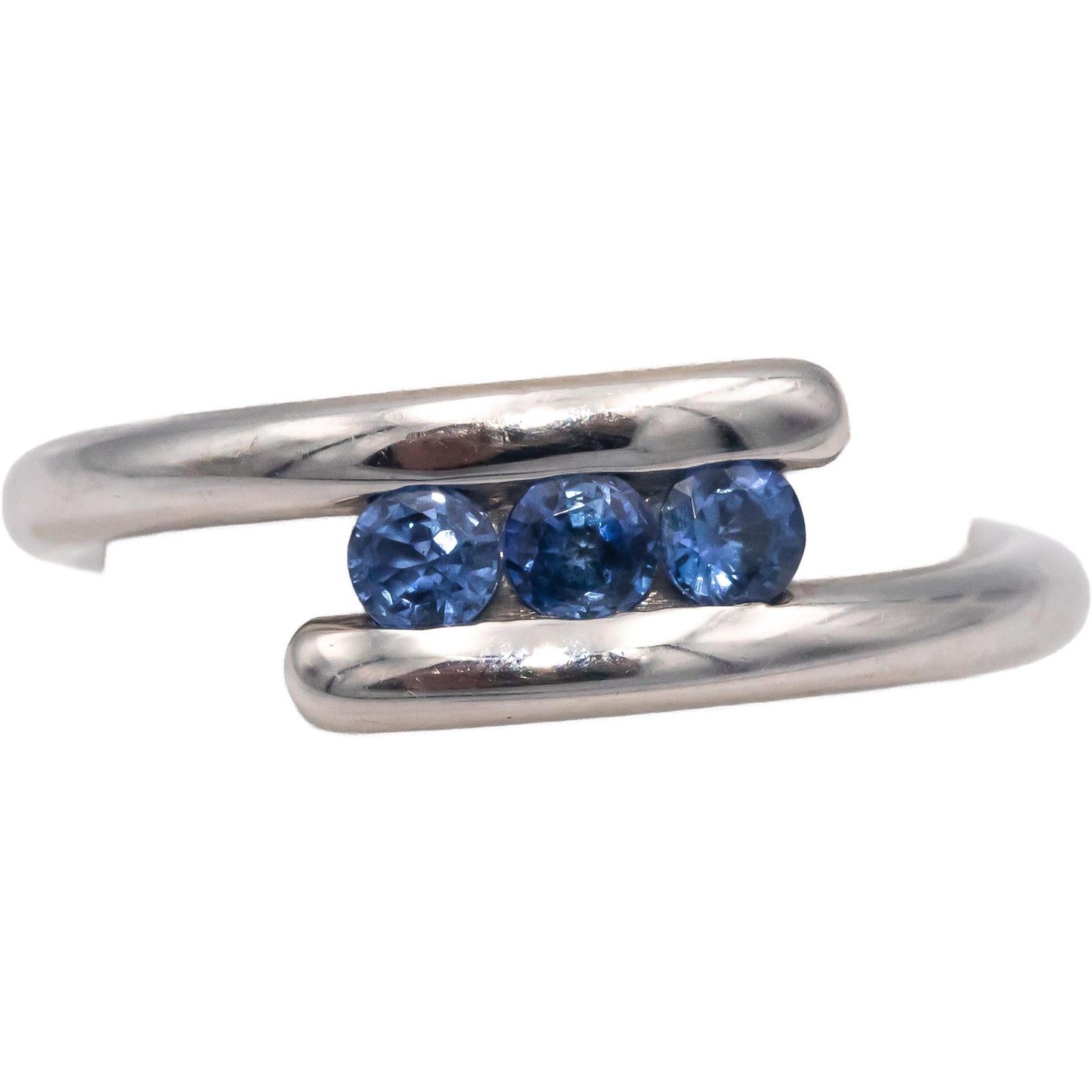 Blue Sapphire 18k White Gold Round Cut Crossover Band Ring 0.30CT Size 7.25