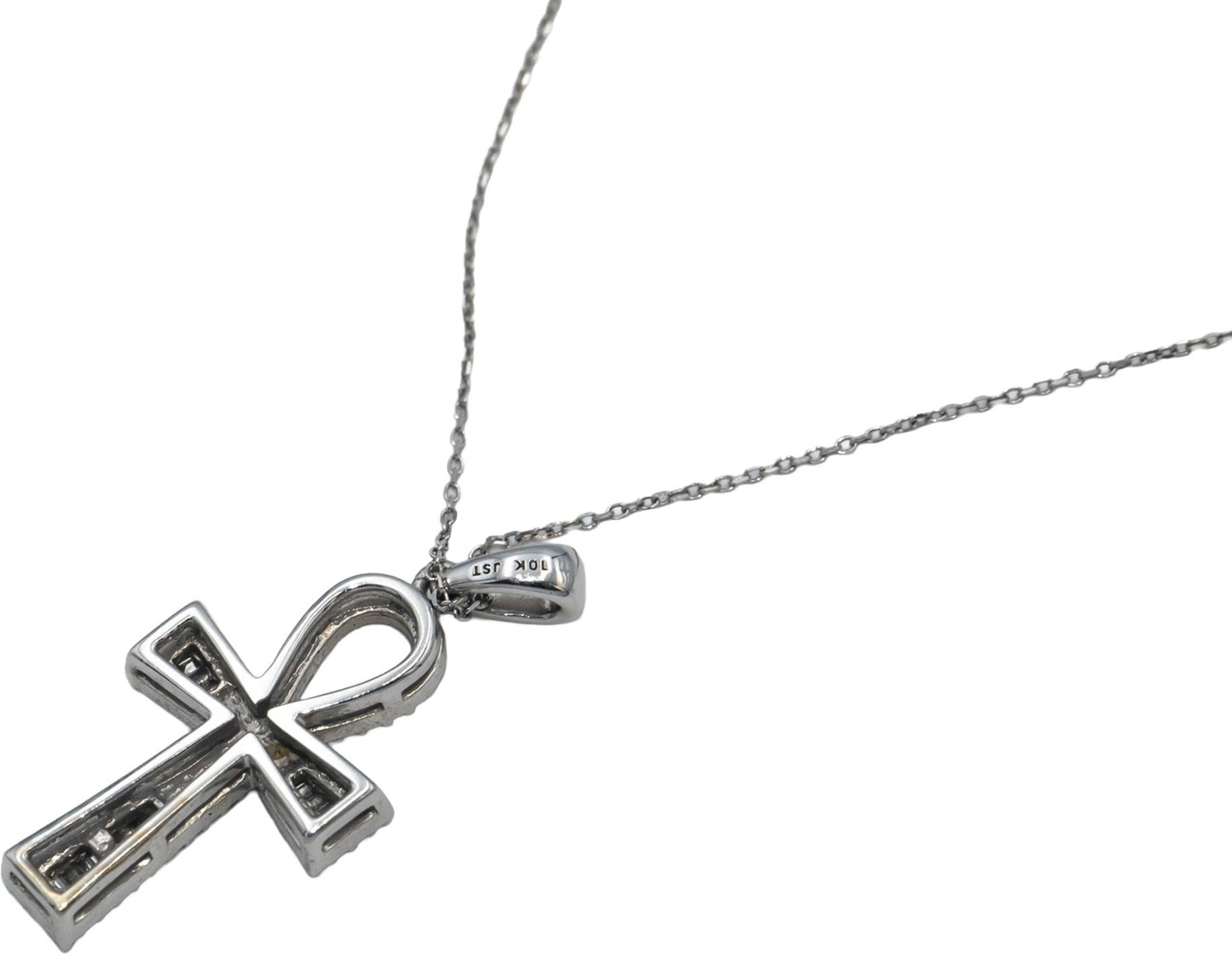 10k White Gold Round & Baguette Cut Diamond Anhk Cross Pendant Necklace 0.25CT