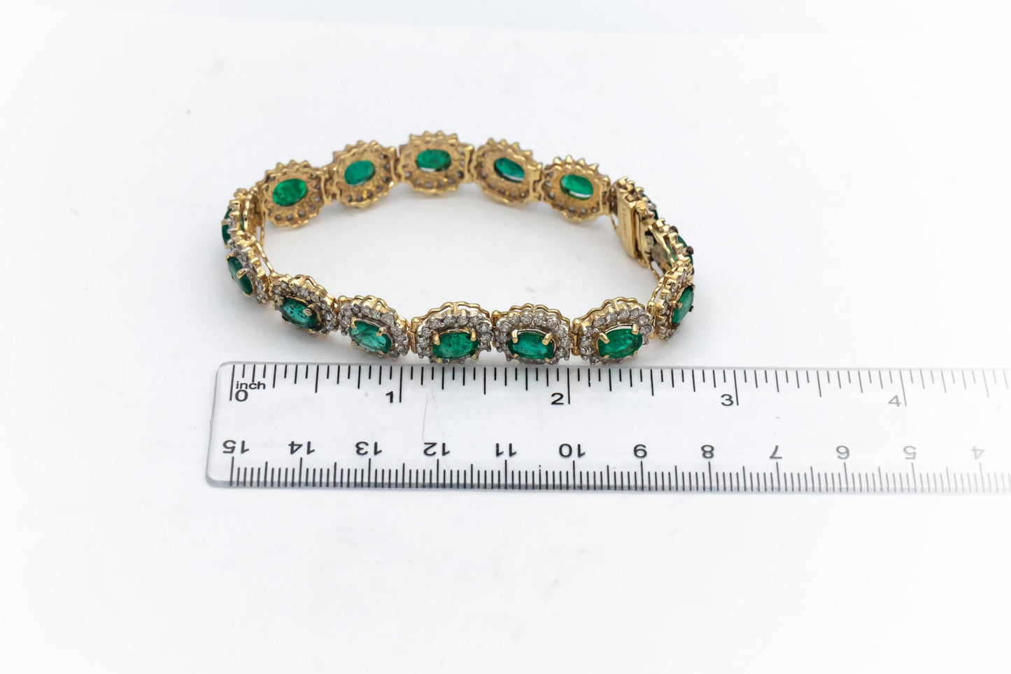 14k Yellow Gold Oval Cut Emerald Round Diamond Fancy Link Bracelet 18.0CTW