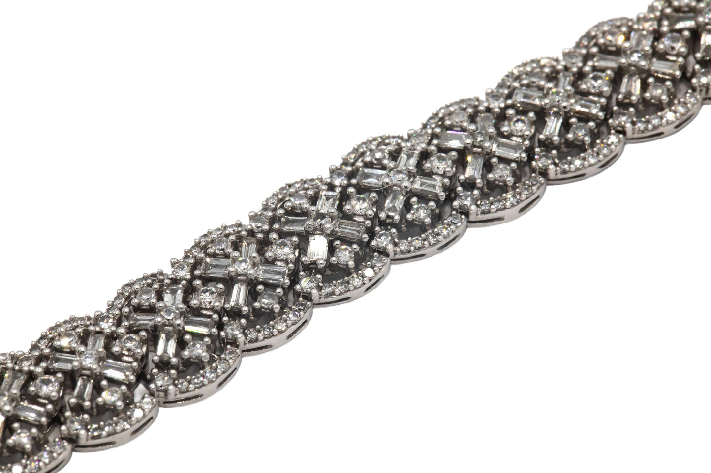14k White Gold Round and Baguette Cut Diamond Fancy Link Bracelet 5.0CT