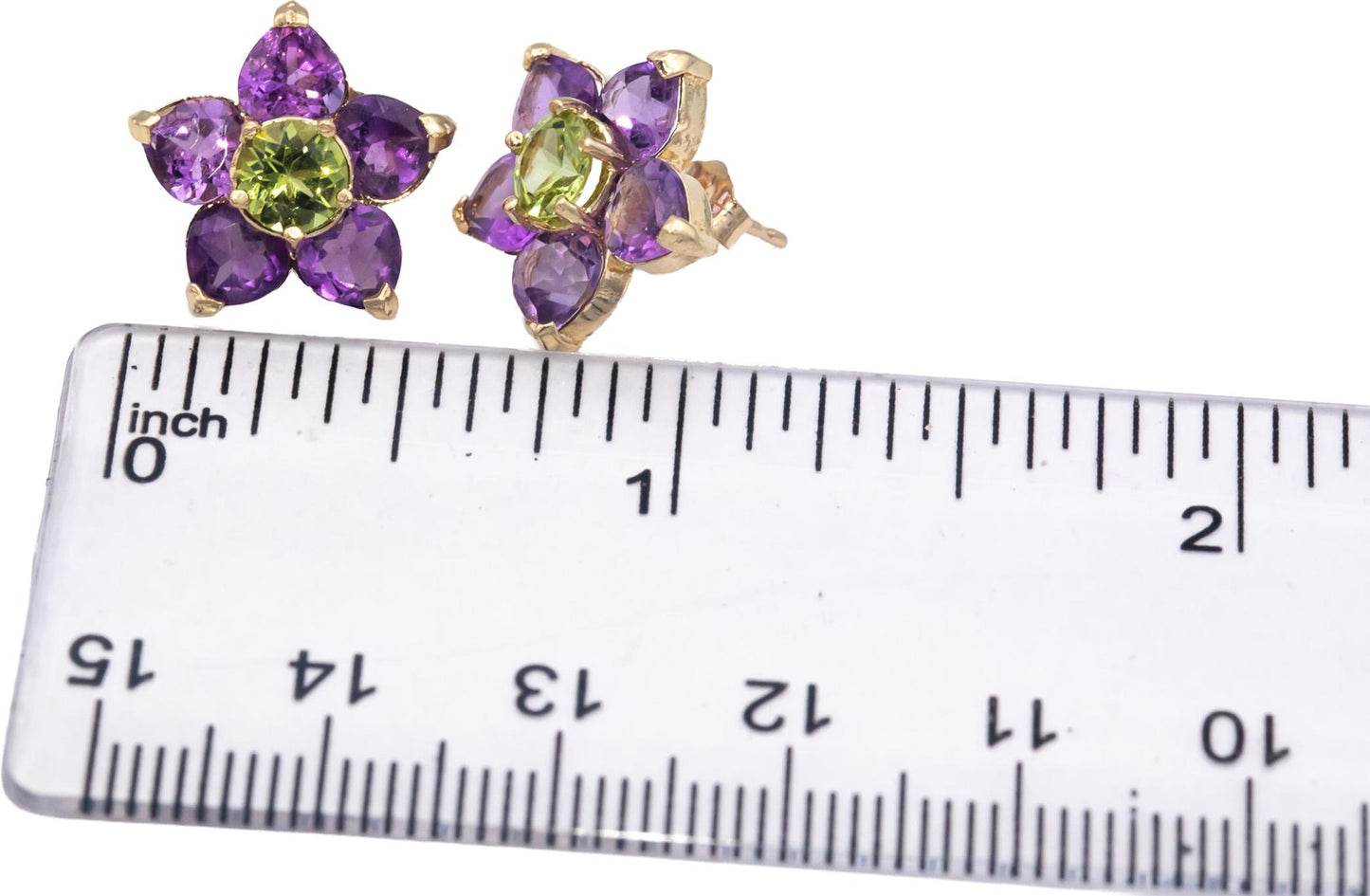 14k Yellow Gold Amethyst and Peridot Flower Stud Earrings 3.50CT