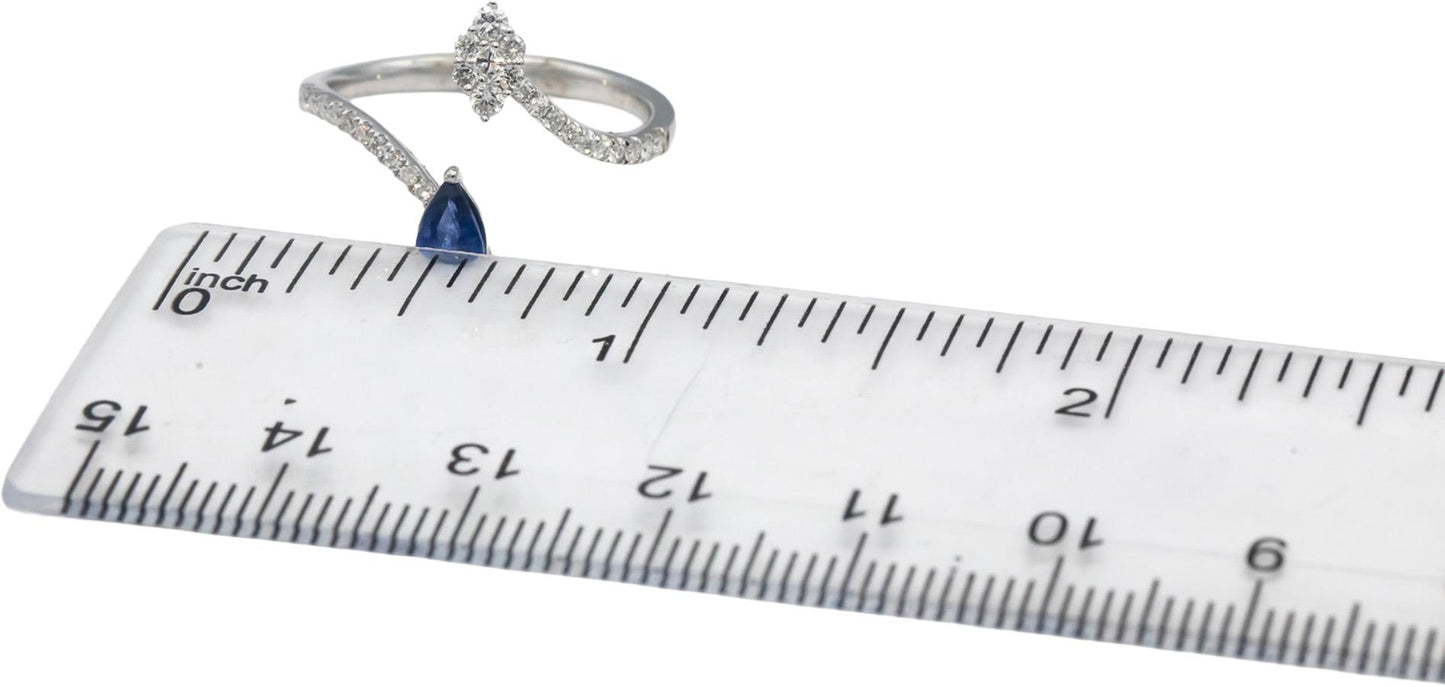 18k White Gold Pear Cut Sapphire & Round Diamond Bypass Ring 0.75CT Size 7.5