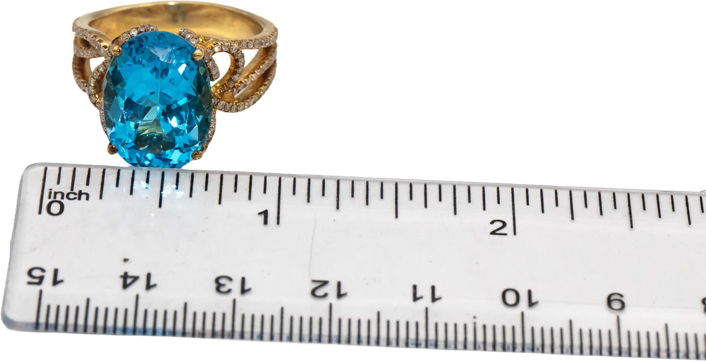 14k Yellow Gold Oval Blue Topaz and Round Diamond Cocktail Ring 13.20CT Size 9