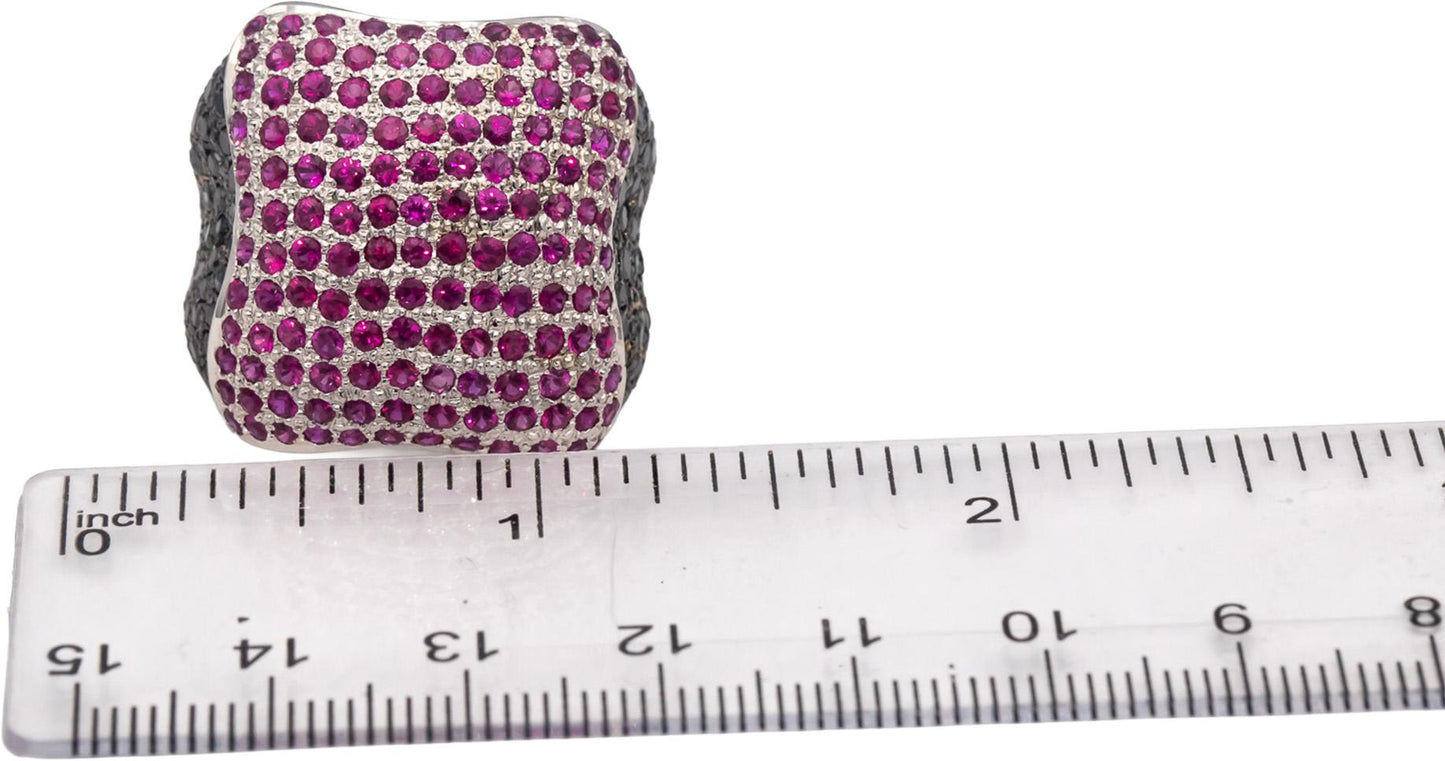 18k White Gold Black Diamond & Ruby Cluster Dome Ring 2.80CTW Size 8.75