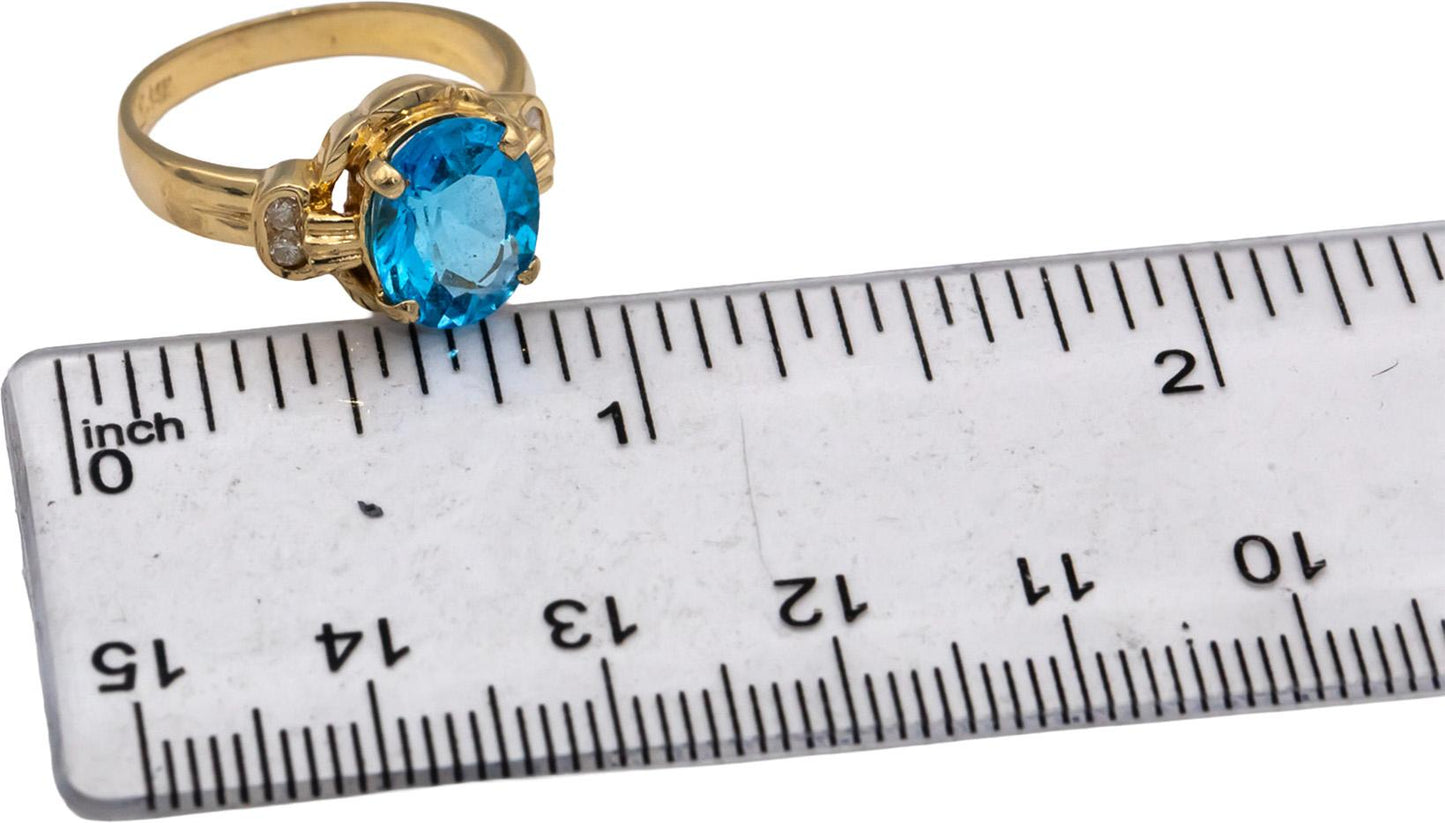 14k Yellow Gold Oval Blue Topaz & Round Diamond Cocktail Ring 1.55CTW Size 6.25