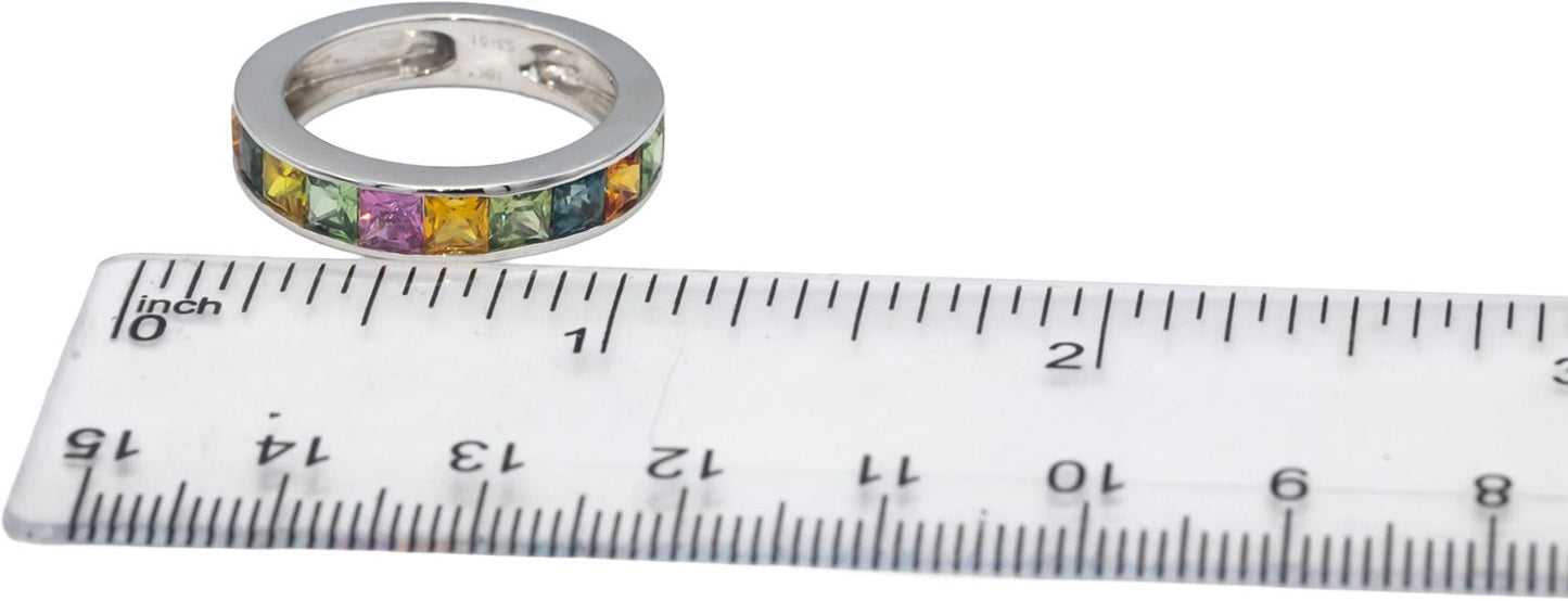 18k White Gold Square Cut Channel Set Rainbow Sapphire Band Ring 3.51CT Size 7.5