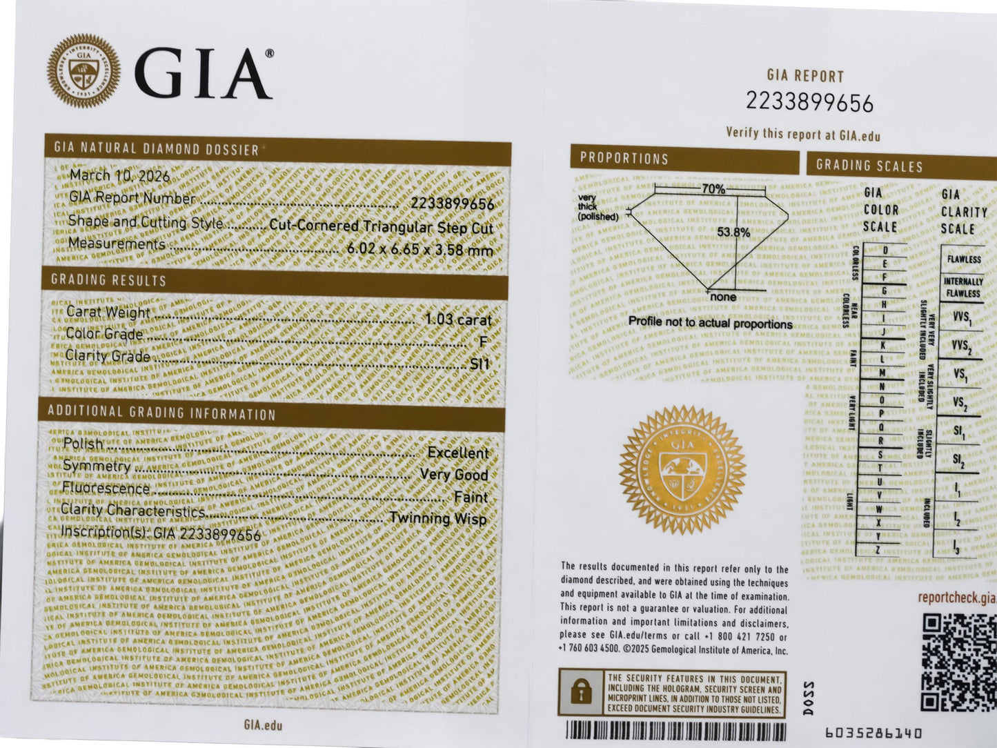 GIA Certified 14k White Gold SI1/F Gold Step Trillion Diamond Necklace 1.03CT