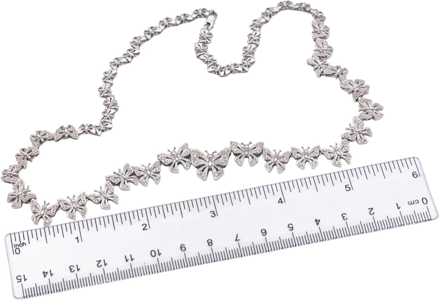 Diamond Round Cut 18k White Gold Graduated Width Butterfly Link Necklace 0.60CT