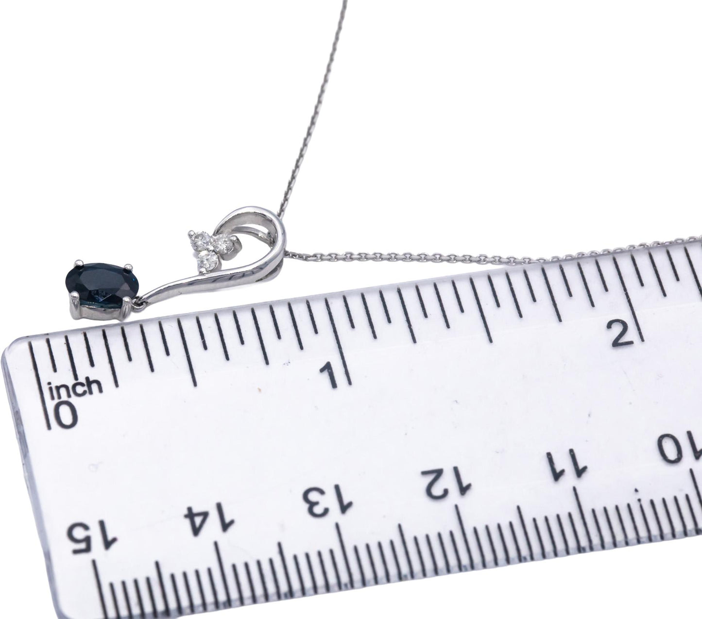 14k White Gold Round Diamond and Oval Blue Sapphire Pendant Necklace 0.31CT