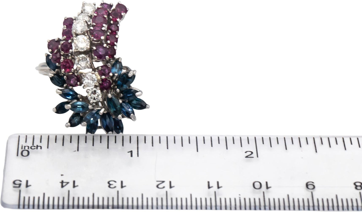 14k White Gold Diamond Ruby and Sapphire Waterfall Cocktail Ring 3.75CT Size 7.5