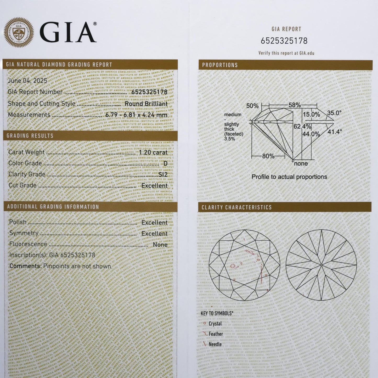 GIA Certified SI2/D Round Cut Natural Diamond Loose Stone 1.20CT
