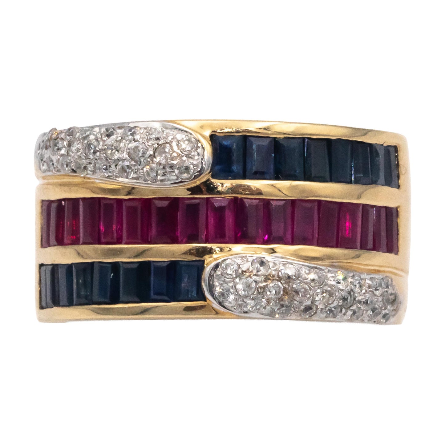 14k Yellow Gold 2.20CT Diamond Ruby Sapphire Wide Band Ring Size 8.5