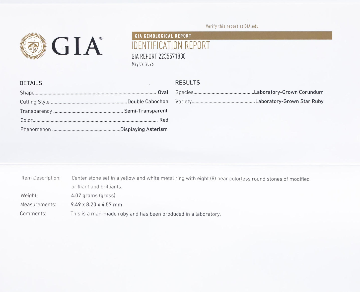 GIA Certified 14k Gold 4.05CT Diamond & Lab Grown Star Ruby Ring Size 7