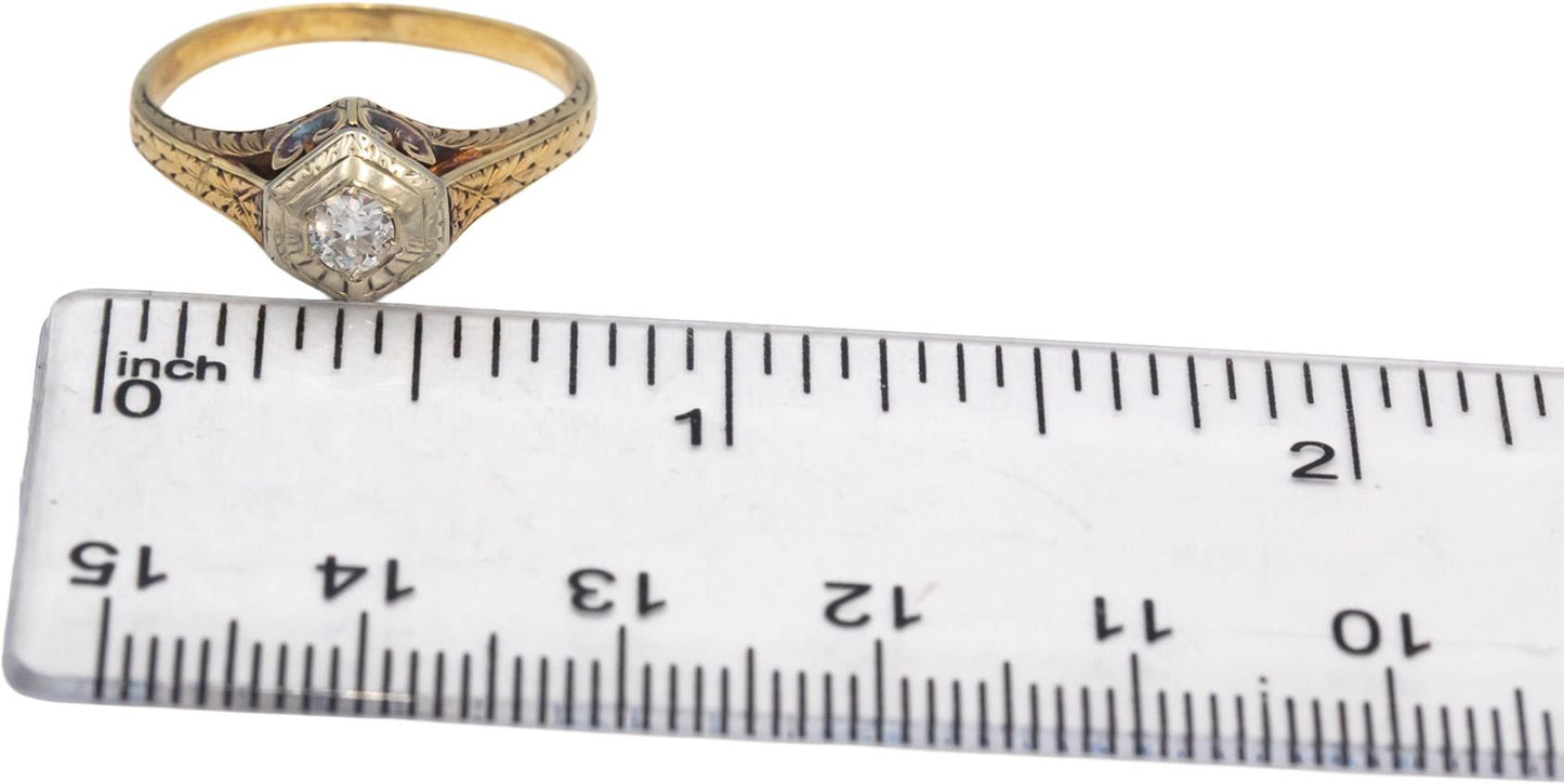 Vintage Antique 14k Yellow Gold Old European Diamond Filigree Ring 0.20CT Size 8