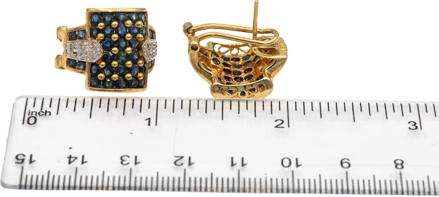 14k Yellow & White Gold Round Diamond & Blue Sapphire Cluster Earrings 2.70CT