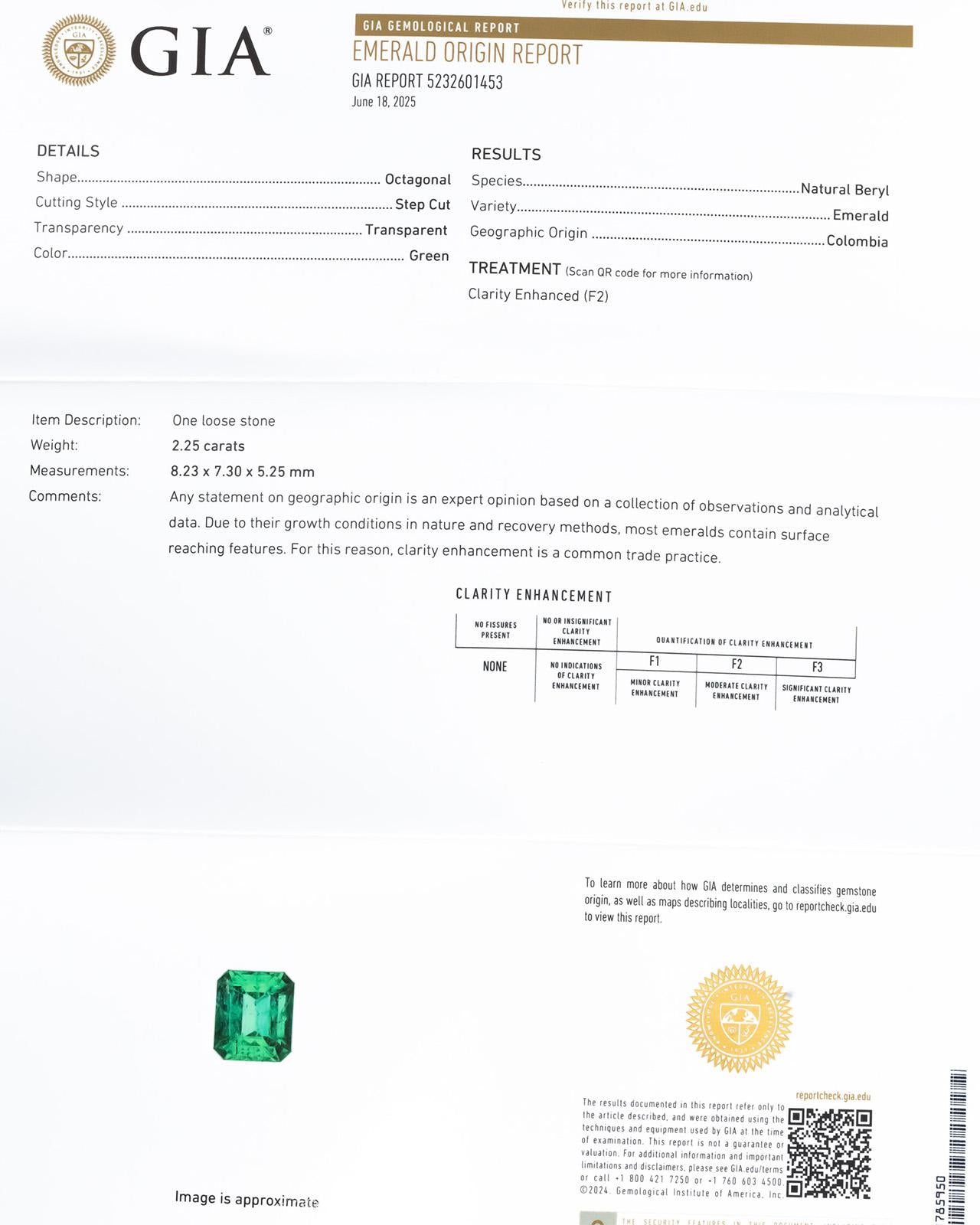 GIA Certified Octagonal Cut Natural Colombian Emerald Loose Gemstone 2.25CT