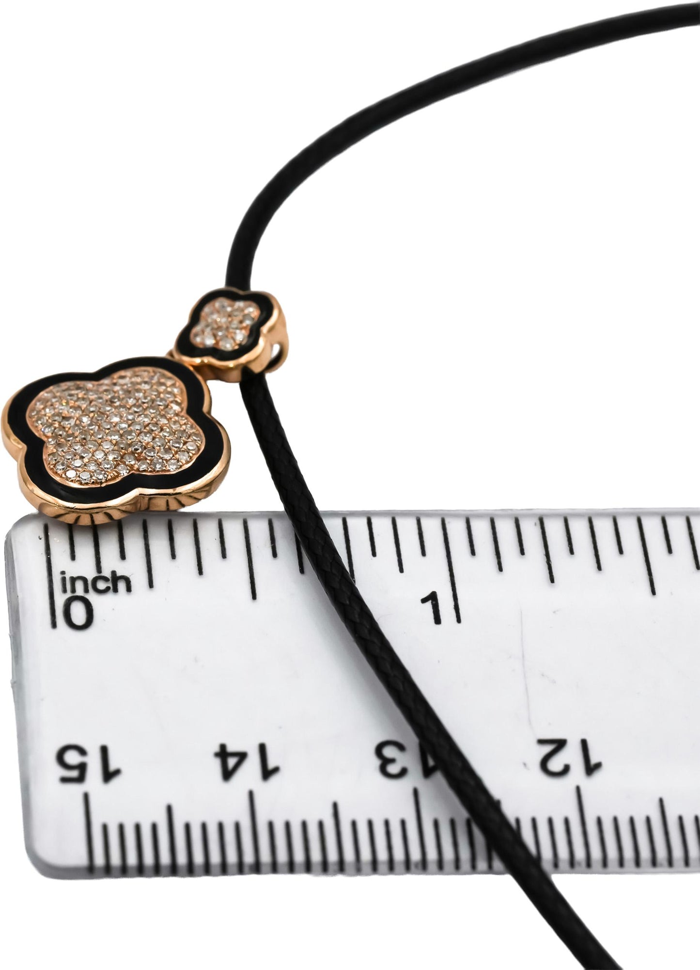 14k Rose Gold Round Diamond and Black Enamel Clover Pendant Necklace 0.50CT