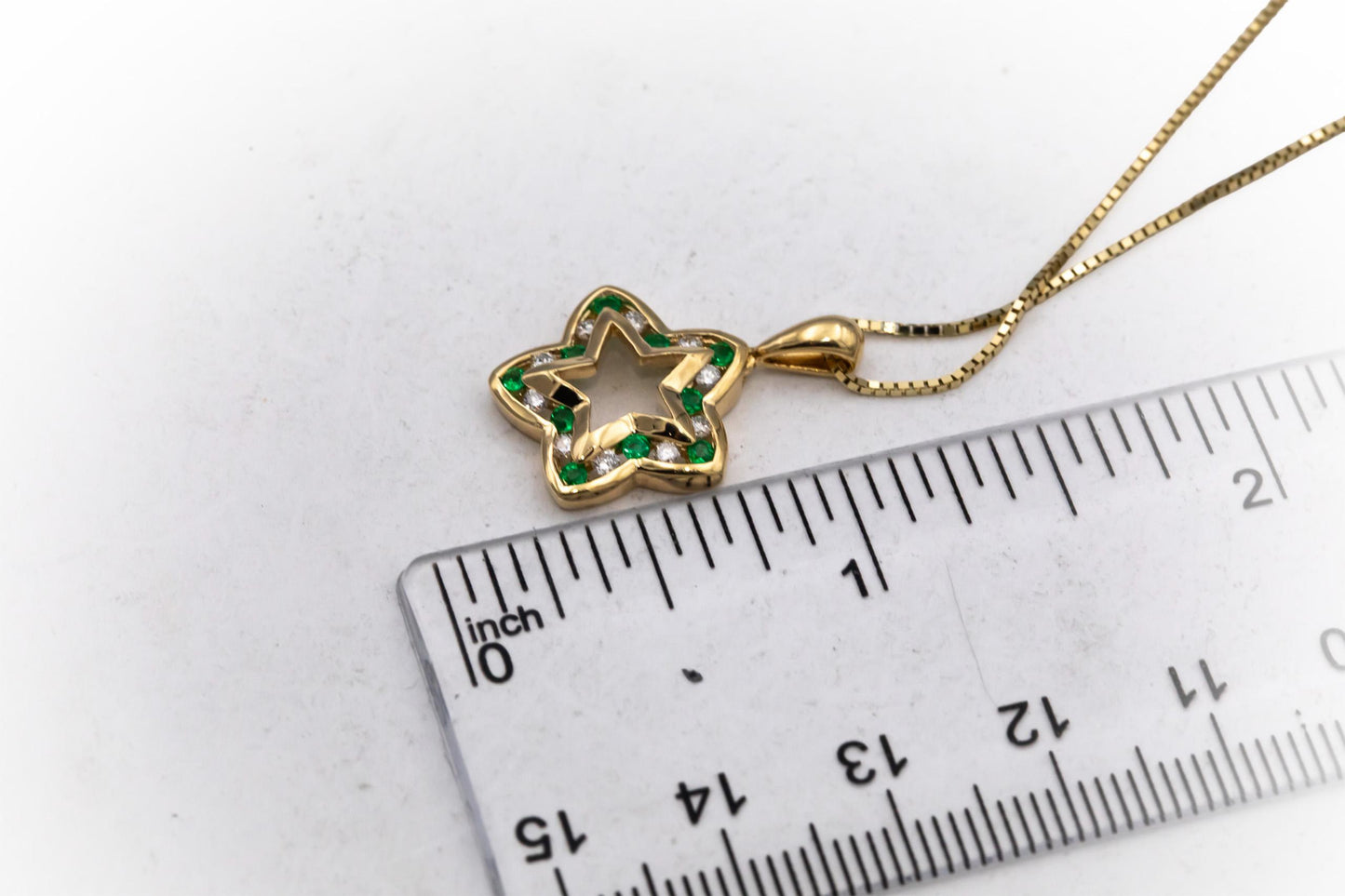 14k Yellow Gold Channel Set Emerald and Diamond Star Pendant Necklace 0.40CTW