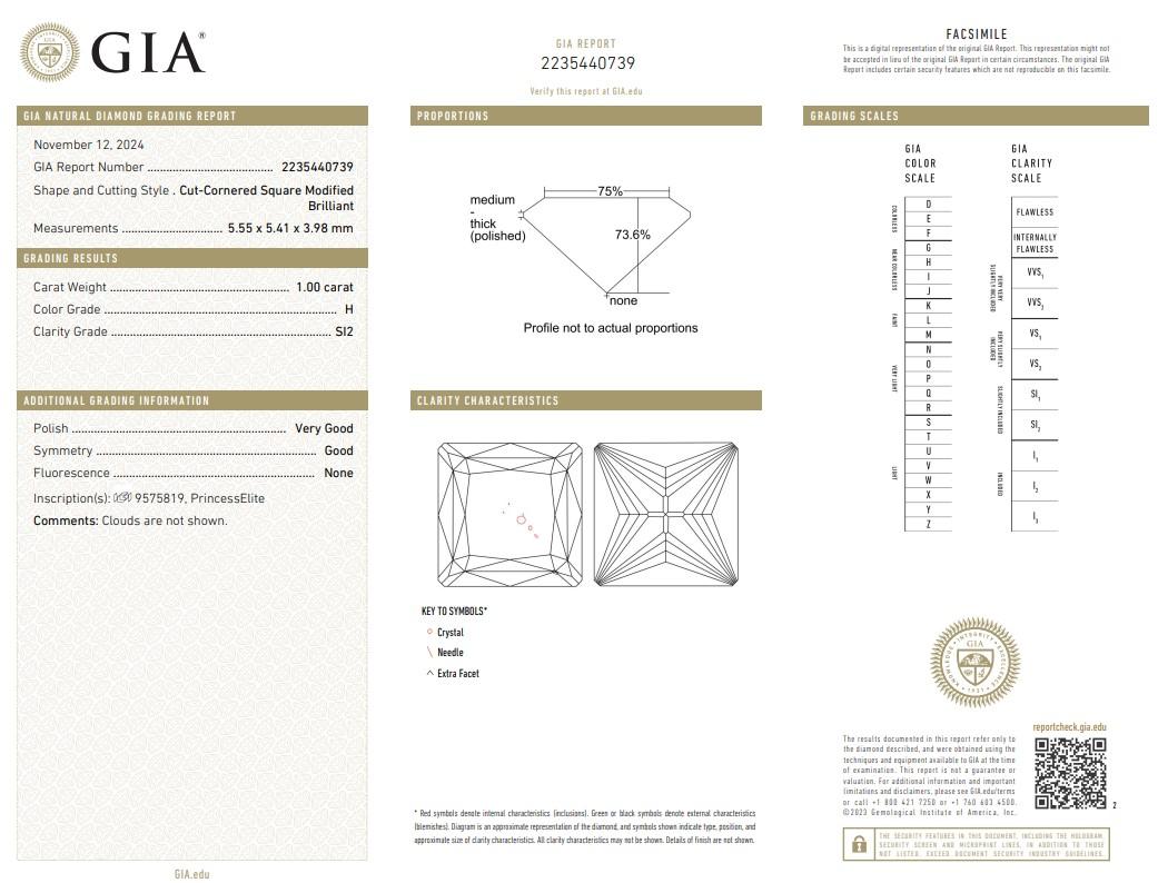 GIA Certified 1.00CT SI2/H Cut-Corned Square Modified Brilliant Loose Diamond