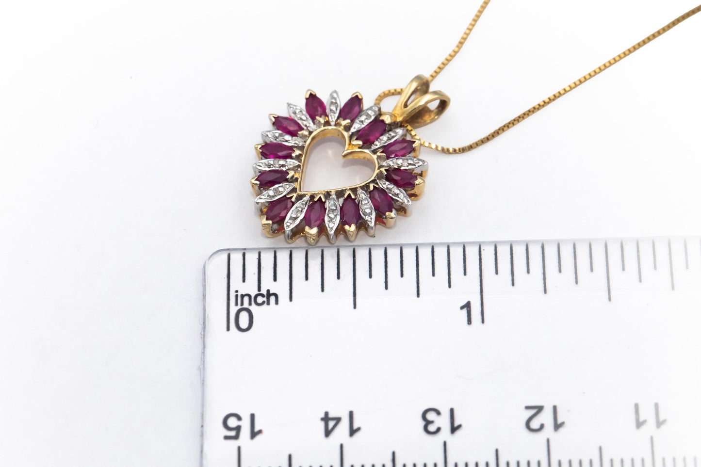 14k Yellow & White Gold Diamond and Ruby Heart Pendant Necklace 0.65CT