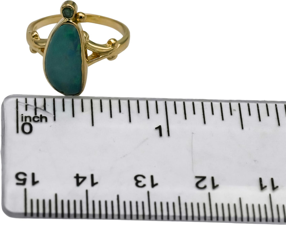 14k Yellow Gold Cabochon Opal Cocktail Ring w/ Green Diamond Accent Size 5.5