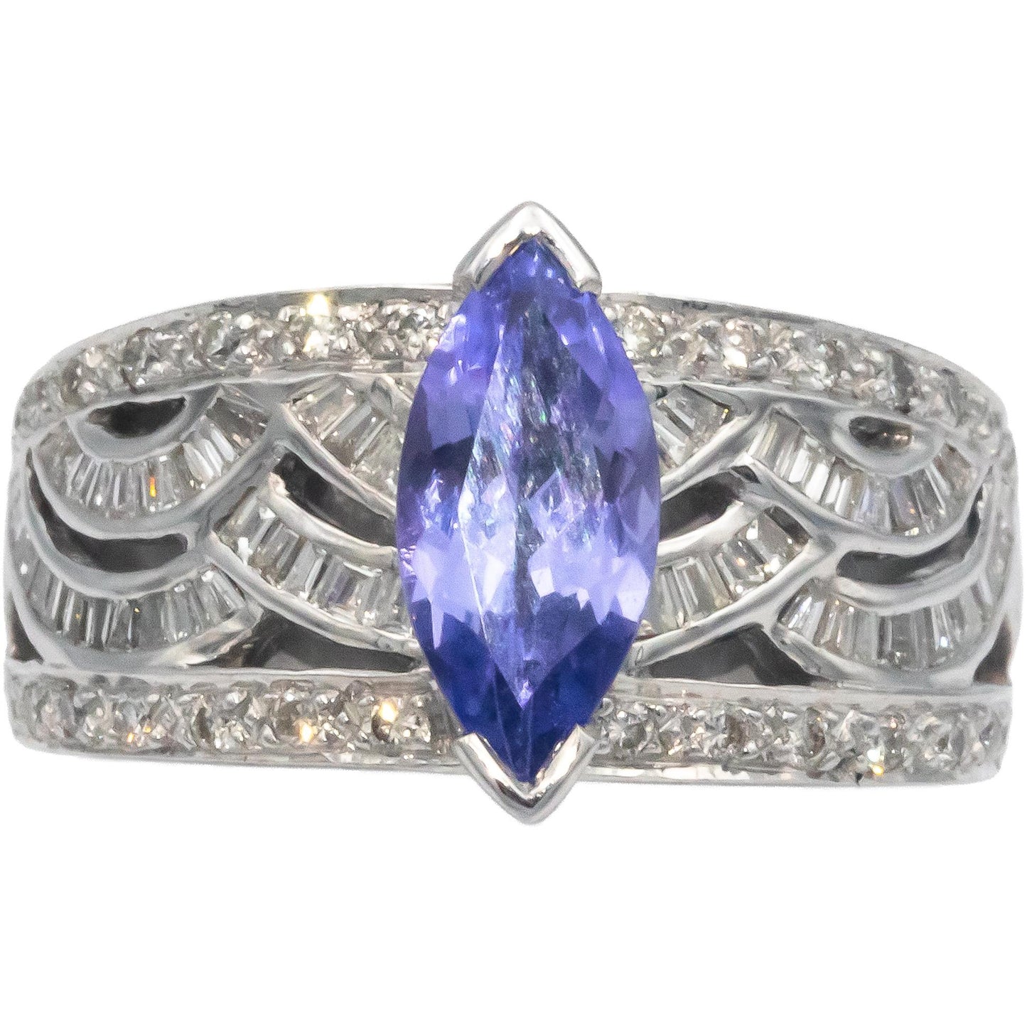 Designer 18k White Gold Diamond & Tanzanite Cocktail Ring 1.69CT Size 7