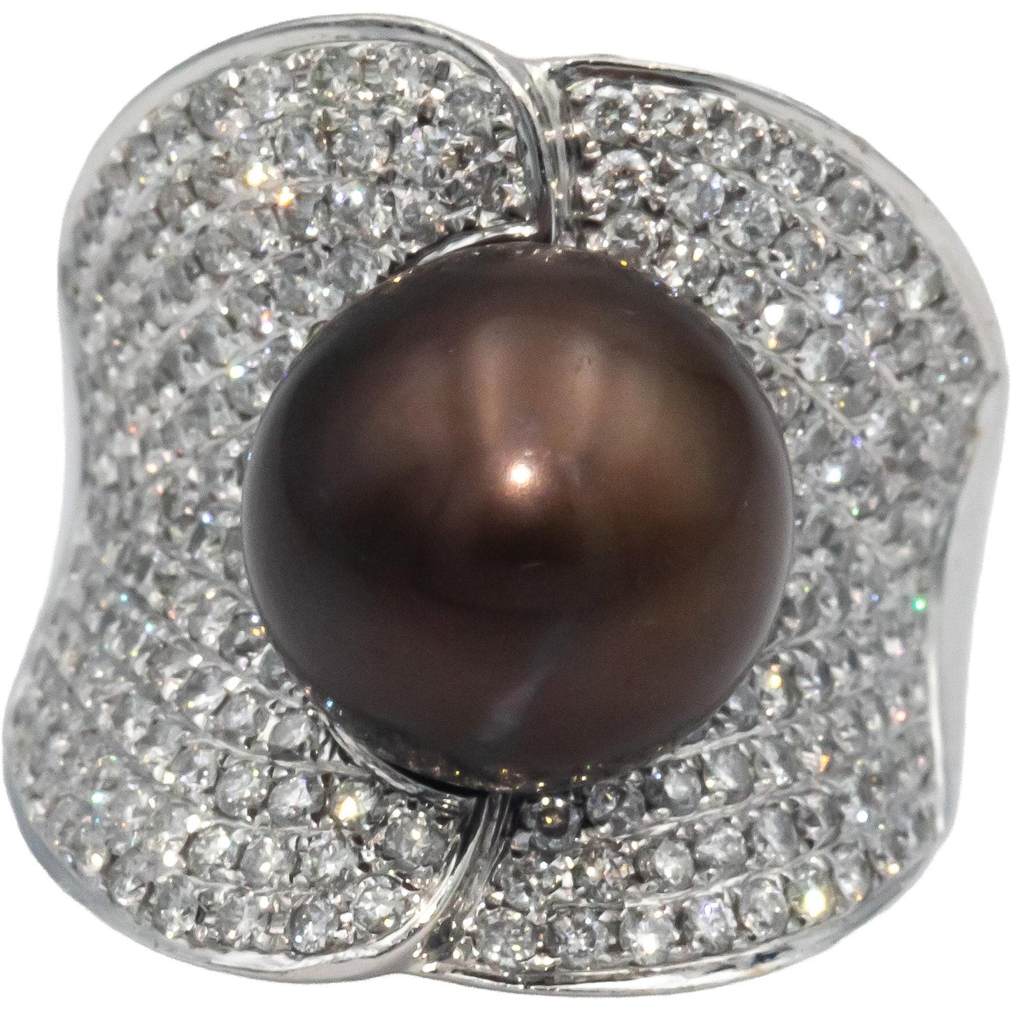 18k White Gold Diamond and Pearl Cluster Ring 12mm Pearl 3.0CT Size 7