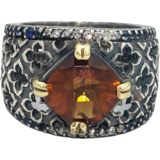 STAMBOLIAN 18k Gold Sterling Silver 0.14CT Diamond Citrine Sapphire Ring Sz 5.75
