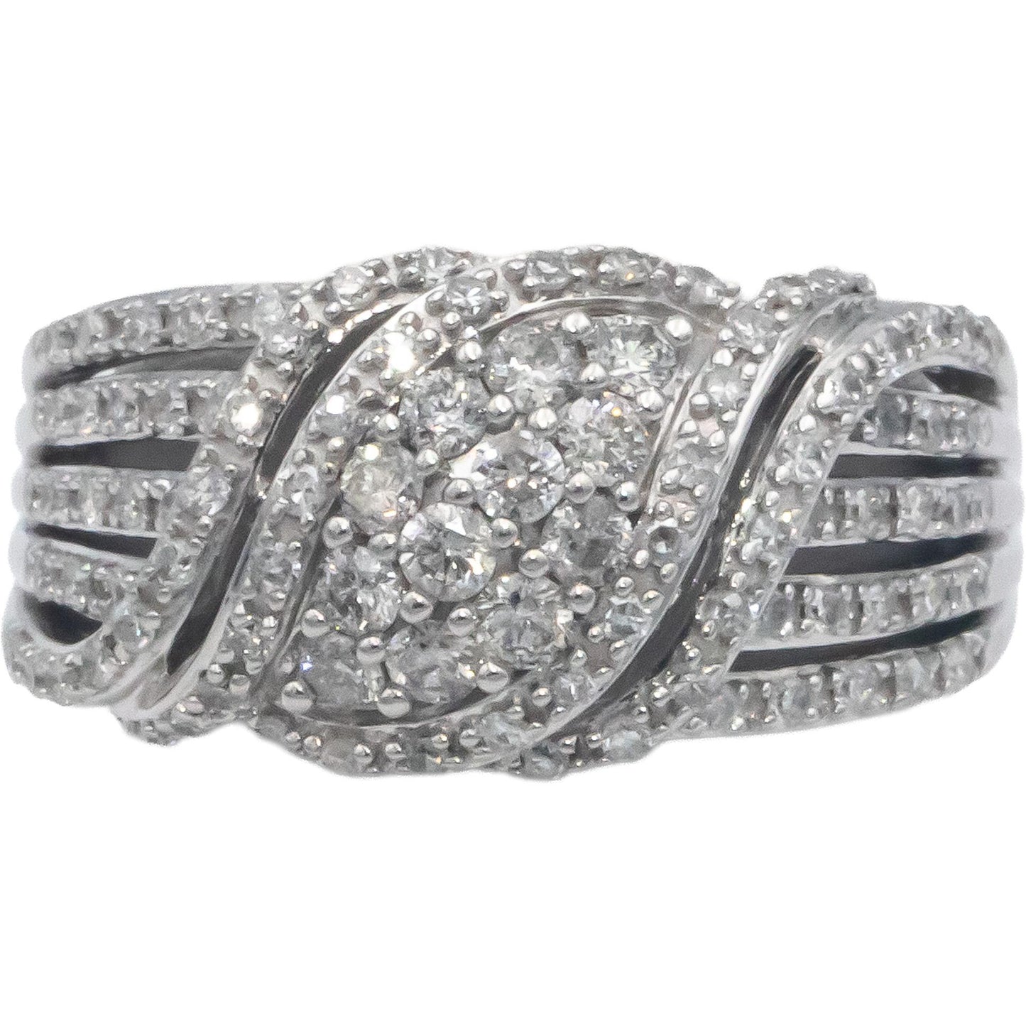 14k White Gold Round Cut Diamond Swirl Band Ring 1.13CT Size 7