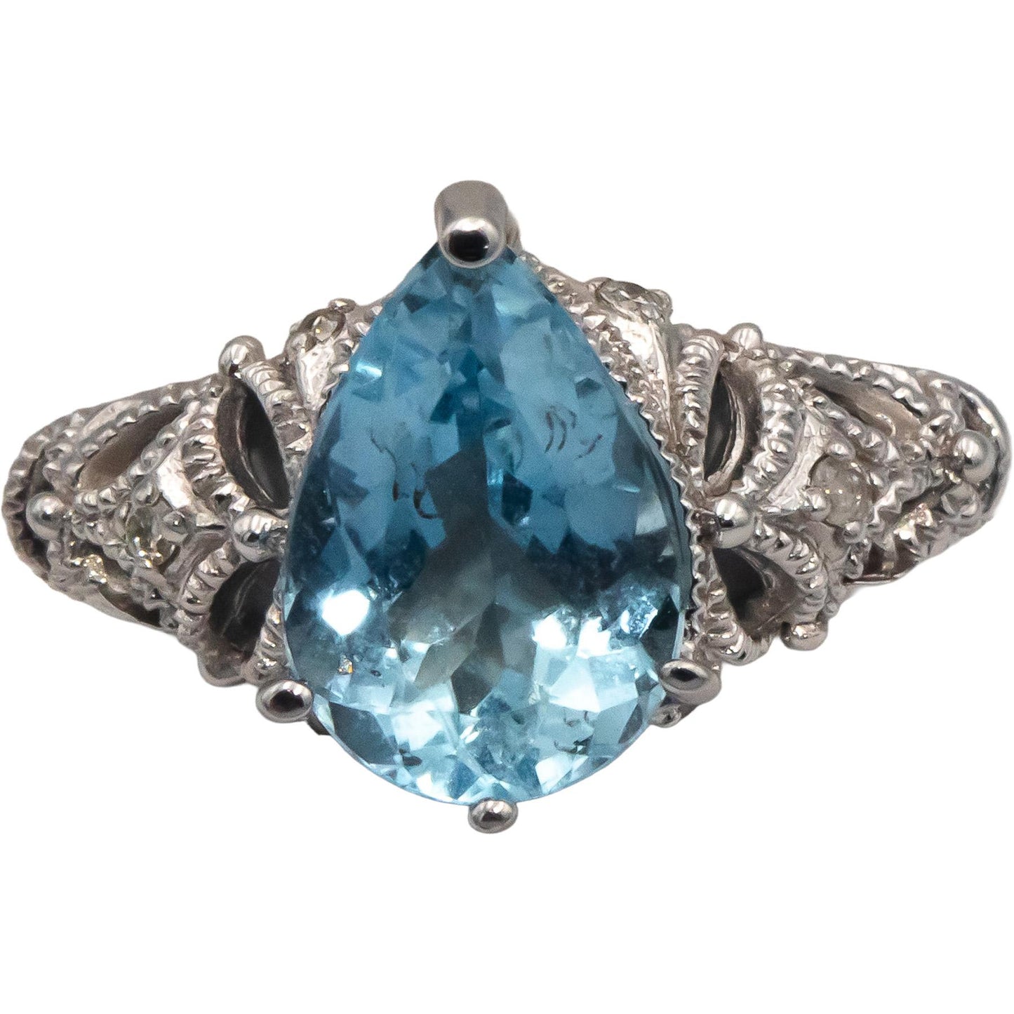 14k White Gold Jewelry 2.02CT Diamond and Aquamarine Filigree Ring Size 6.5